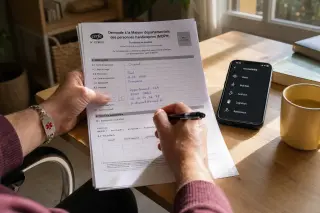 Hands annotating a CERFA document on a wooden desk, smartphone with accessibility interface nearby, sunlight, and a blurred wheelchair wheel in the foreground.