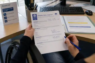 Hands holding and annotating an official CAF form on a desk, with wheelchair wheel visible, in a sunlit French administrative office.