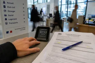 Close view of a hand on a public counter next to official documents and a digital waiting ticket, with blurred people in the background in a French administrative office.