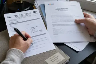 Hand annotating a CERFA form on a desk, with CDAPH letter and tactile guide partially visible, in soft daylight