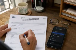 Hand filling out a French CERFA form near a smartphone with accessibility settings and reading glasses on a wooden table, all softly lit by diffused daylight.