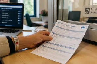 Close-up of a hand moving a filled-out CERFA document on an office desk, with a visible medical alert bracelet and a laptop displaying accessible software in a softly lit, everyday professional setting.