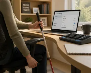 Hands adjusting an ergonomic office chair and holding a white cane in a sunlit home office with adaptive tech on the desk.