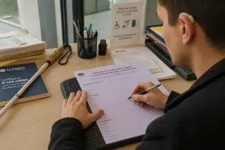 Desk scene in an accessible office with annotated official documents and a young adult in a wheelchair reviewing paperwork with a colleague, captured candidly in soft daylight.