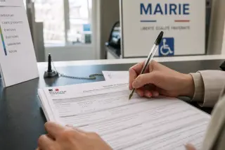 Hands of a person completing an official form on a counter in a modern French administrative office, with a CERFA document and accessible features subtly visible.