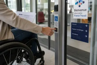 Close-up of a person in a wheelchair entering an accessible office building, hands on the wheel and a partially visible official document on their lap, with tactile signage and natural daylight.