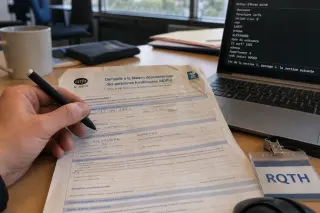 Hand filling out a CERFA form on a desk with a badge labeled 'RQTH', next to a laptop displaying a screen reader, in natural daylight.