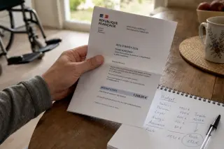 Detail of a hand reviewing an official letter with handwritten notes on a kitchen table, subtle hint of a wheelchair footrest in the background, soft daylight atmosphere.