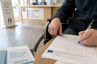 A person’s hands correct a French administrative form at a public service desk, with a pen, glasses, and sunlight highlighting paperwork details.