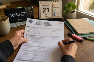 Hands annotating an official document on a kitchen table with adaptive tools nearby, natural daylight and a calm, focused atmosphere.