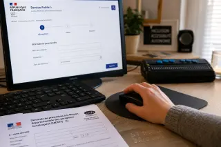 Close-up of a hand using a computer mouse beside a partially visible official document and adaptive technology in a softly lit home office environment.